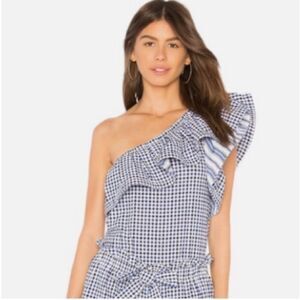 MISA Los Angeles blue and white gingham print one-shoulder top with a large ruff